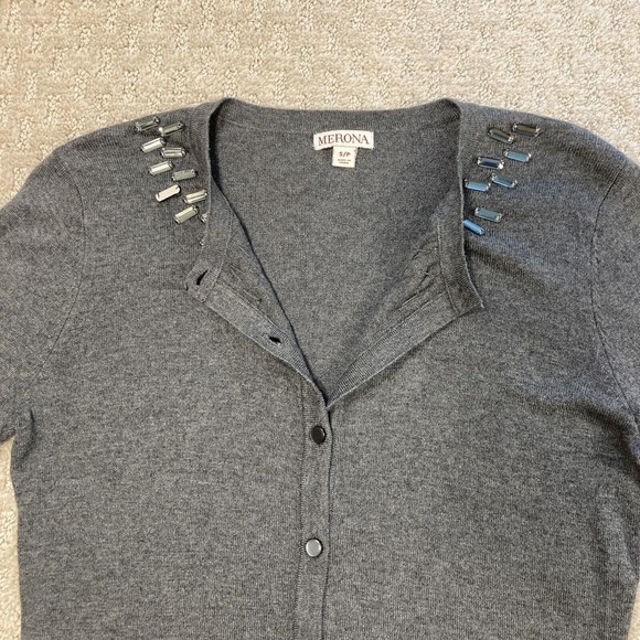 Cardigan Embellished Rectangular Baguette Button Up Sweater Gray Small Womens - Picture 7 of 9